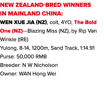 new zealand-BRED WINNERS IN MAINLAND CHINA: Wen Xue Jia (NZ), colt, 4YO, The Bold One (NZ)—Blazing Miss (NZ), by Rip    