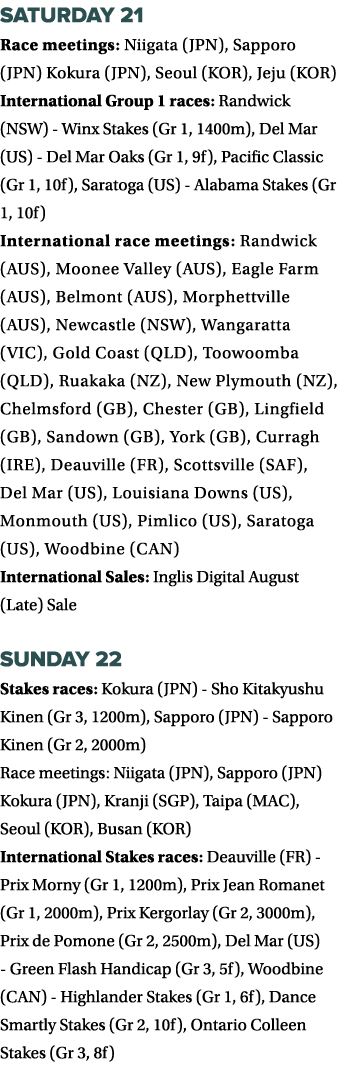 Saturday 21 Race meetings: Niigata (JPN), Sapporo (JPN) Kokura (JPN), Seoul (KOR), Jeju (KOR) International Group 1 r   