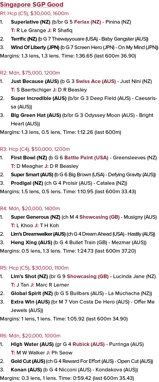 Singapore SGP Good R1: Hcp (C5),  30,000, 1600m Superlative (NZ) (b br G 5 Ferlax (NZ) - Pinina (NZ) T: R Le Grange J   