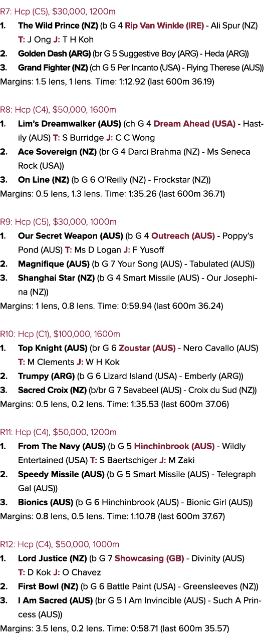 R7: Hcp (C5), $30,000, 1200m 1. The Wild Prince (NZ) (b G 4 Rip Van Winkle (IRE) - Ali Spur (NZ) T: J Ong J: T H Koh ...