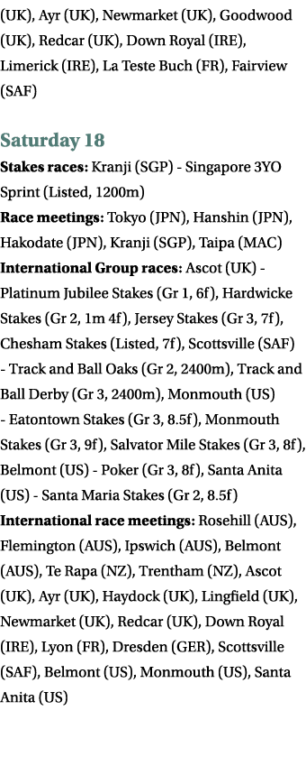 (UK), Ayr (UK), Newmarket (UK), Goodwood (UK), Redcar (UK), Down Royal (IRE), Limerick (IRE), La Teste Buch (FR), Fai...