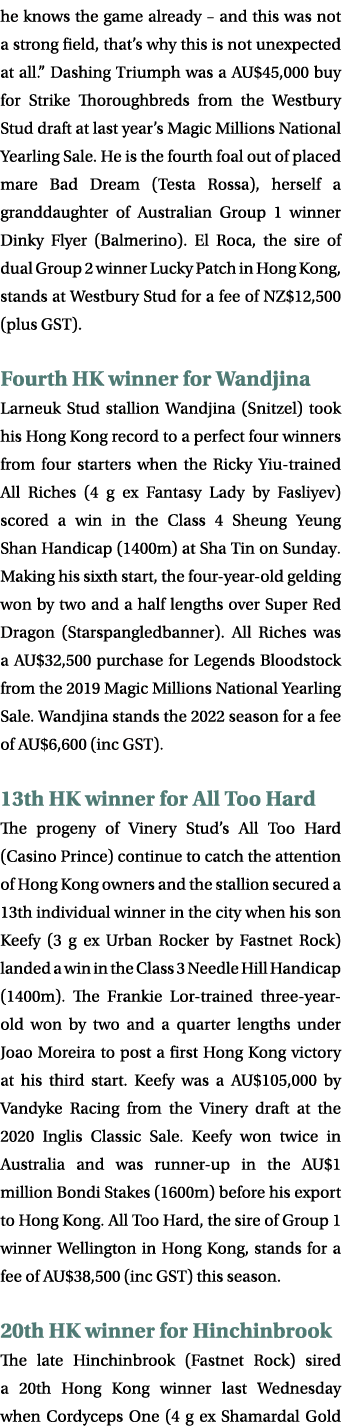 he knows the game already – and this was not a strong field, that’s why this is not unexpected at all.” Dashing Trium...