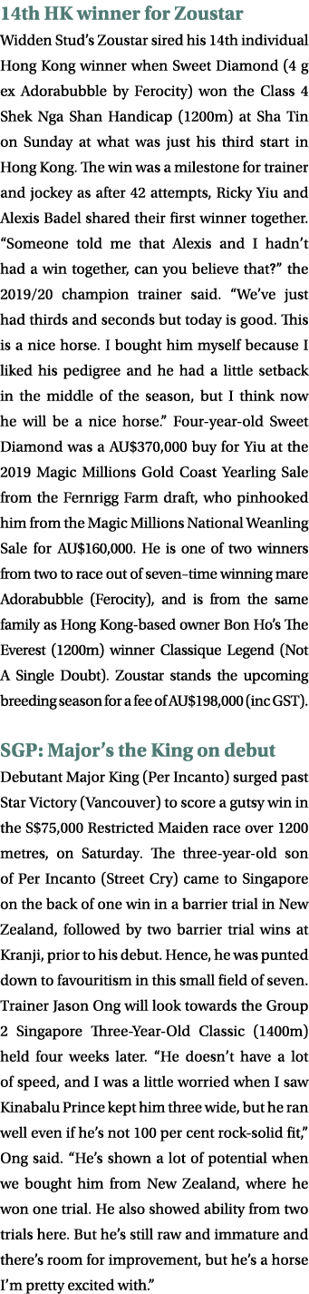 14th HK winner for Zoustar Widden Stud’s Zoustar sired his 14th individual Hong Kong winner when Sweet Diamond (4 g e...