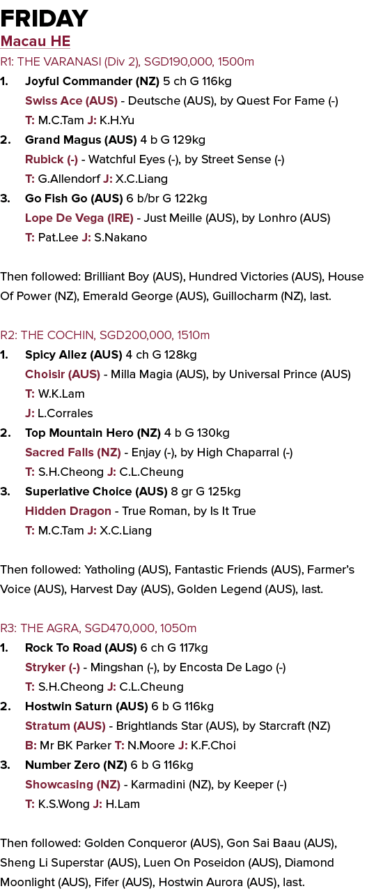 friday Macau HE R1: THE VARANASI (Div 2), SGD190,000, 1500m 1. Joyful Commander (NZ) 5 ch G 116kg Swiss Ace (AUS) - D...