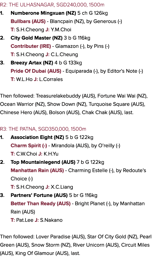 R2: THE ULHASNAGAR, SGD240,000, 1500m 1. Numberone Mingxuan (NZ) 5 ch G 126kg Bullbars (AUS) - Blancpain (NZ), by Gen...