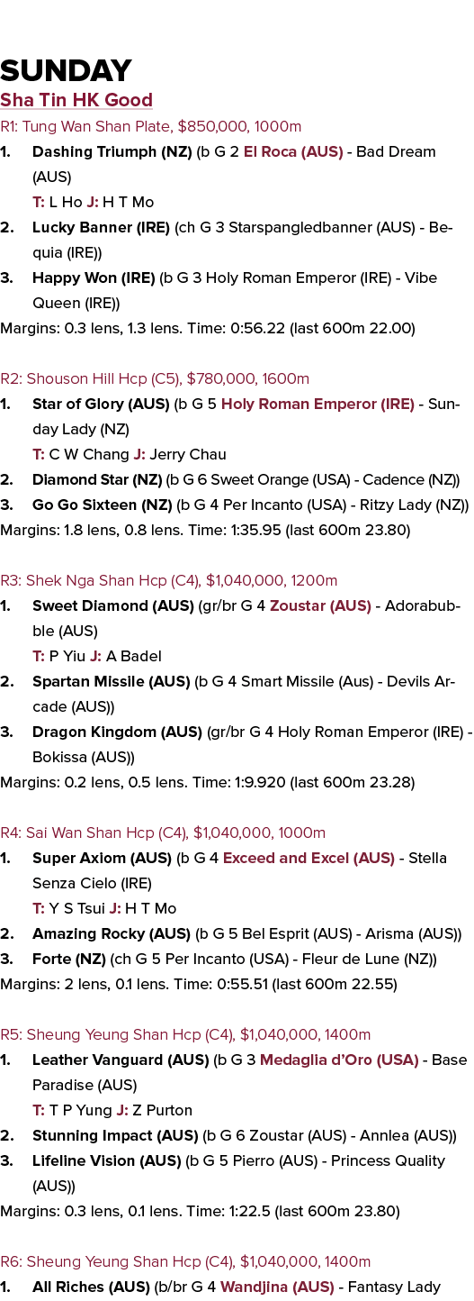  sunday Sha Tin HK Good R1: Tung Wan Shan Plate, $850,000, 1000m 1. Dashing Triumph (NZ) (b G 2 El Roca (AUS) - Bad D...
