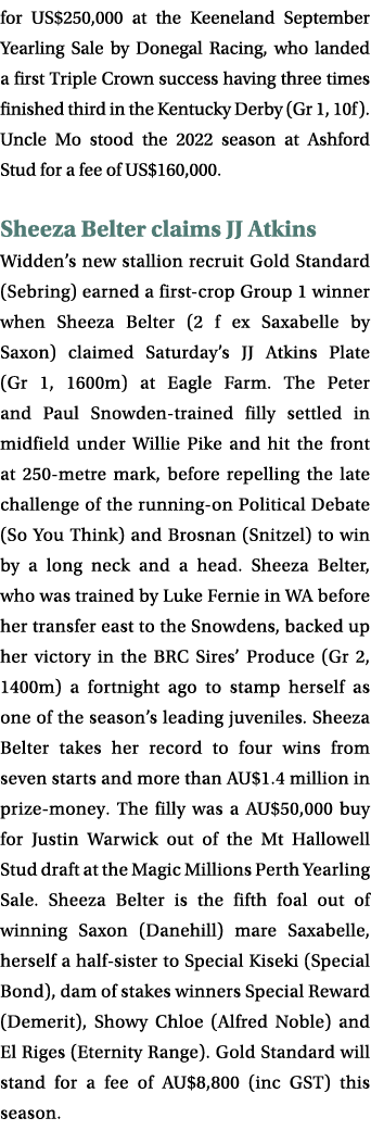 for US$250,000 at the Keeneland September Yearling Sale by Donegal Racing, who landed a first Triple Crown success ha...