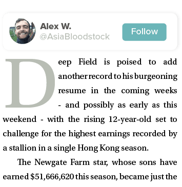  Deep Field is poised to add another record to his burgeoning resume in the coming weeks - and possibly as early as t...