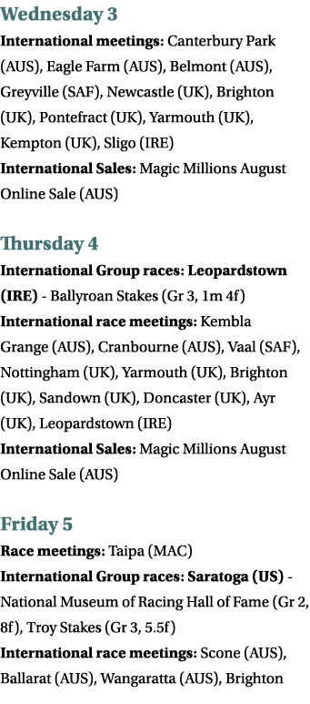 Wednesday 3 International meetings: Canterbury Park (AUS), Eagle Farm (AUS), Belmont (AUS), Greyville (SAF), Newcastl...