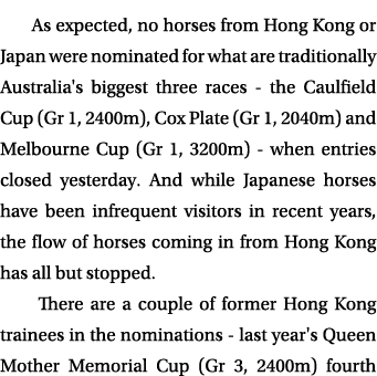 As expected, no horses from Hong Kong or Japan were nominated for what are traditionally Australia's biggest three ra...