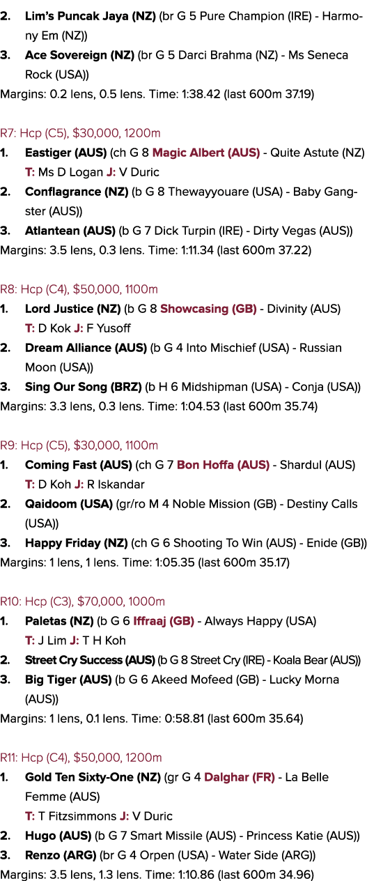 2. Lim’s Puncak Jaya (NZ) (br G 5 Pure Champion (IRE) - Harmony Em (NZ)) 3. Ace Sovereign (NZ) (br G 5 Darci Brahma (...