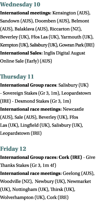 Wednesday 10 International meetings: Kensington (AUS), Sandown (AUS), Doomben (AUS), Belmont (AUS), Balaklava (AUS), ...