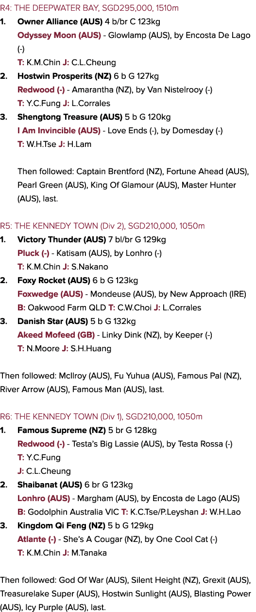 R4: THE DEEPWATER BAY, SGD295,000, 1510m 1. Owner Alliance (AUS) 4 b/br C 123kg Odyssey Moon (AUS) - Glowlamp (AUS), ...