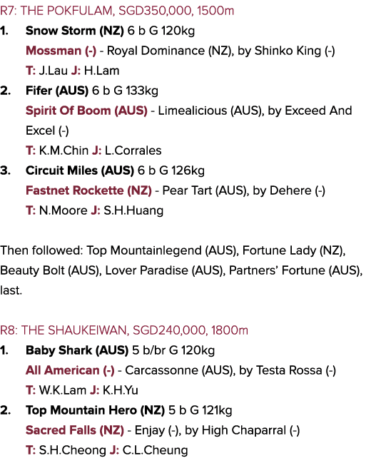 R7: THE POKFULAM, SGD350,000, 1500m 1. Snow Storm (NZ) 6 b G 120kg Mossman (-) - Royal Dominance (NZ), by Shinko King...