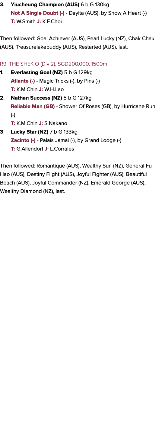 3. Yiucheung Champion (AUS) 6 b G 130kg Not A Single Doubt (-) - Dayita (AUS), by Show A Heart (-) T: W.Smith J: K.F....