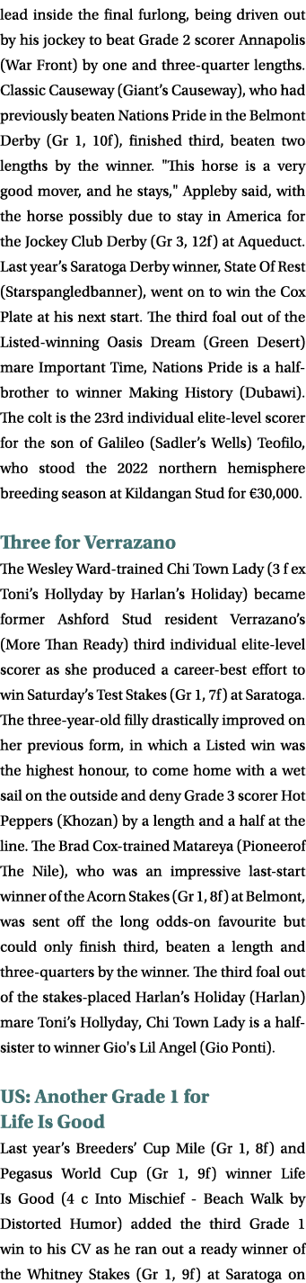 lead inside the final furlong, being driven out by his jockey to beat Grade 2 scorer Annapolis (War Front) by one and...