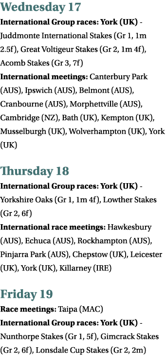 Wednesday 17 International Group races: York (UK) - Juddmonte International Stakes (Gr 1, 1m 2.5f), Great Voltigeur S...