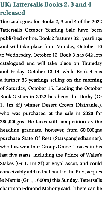 UK: Tattersalls Books 2, 3 and 4 released The catalogues for Books 2, 3 and 4 of the 2022 Tattersalls October Yearlin...