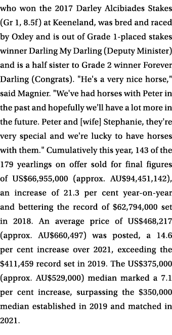 who won the 2017 Darley Alcibiades Stakes (Gr 1, 8.5f) at Keeneland, was bred and raced by Oxley and is out of Grade ...