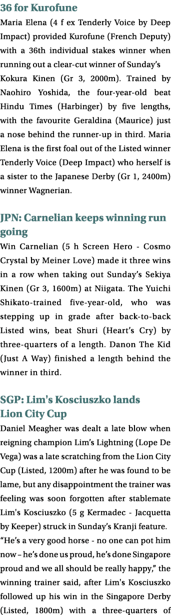 36 for Kurofune Maria Elena (4 f ex Tenderly Voice by Deep Impact) provided Kurofune (French Deputy) with a 36th indi...