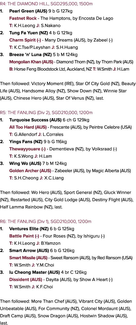 R4: THE DIAMOND HILL, SGD295,000, 1500m 1. Pearl Green (AUS) 9 b G 127kg Fastnet Rock - The Hamptons, by Encosta De L...