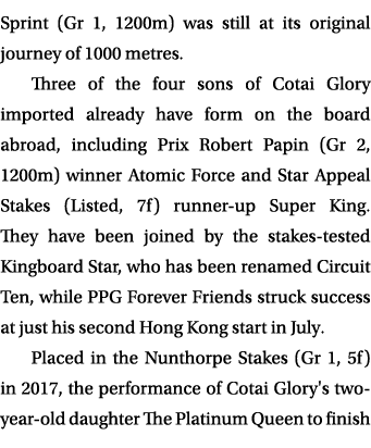 Sprint (Gr 1, 1200m) was still at its original journey of 1000 metres. Three of the four sons of Cotai Glory imported...