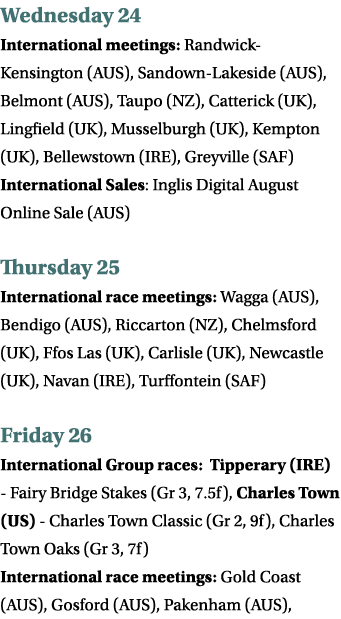 Wednesday 24 International meetings: Randwick-Kensington (AUS), Sandown-Lakeside (AUS), Belmont (AUS), Taupo (NZ), Ca...