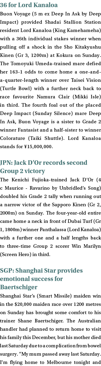 36 for Lord Kanaloa Buon Voyage (5 m ex Deep In Ask by Deep Impact) provided Shadai Stallion Station resident Lord Ka...