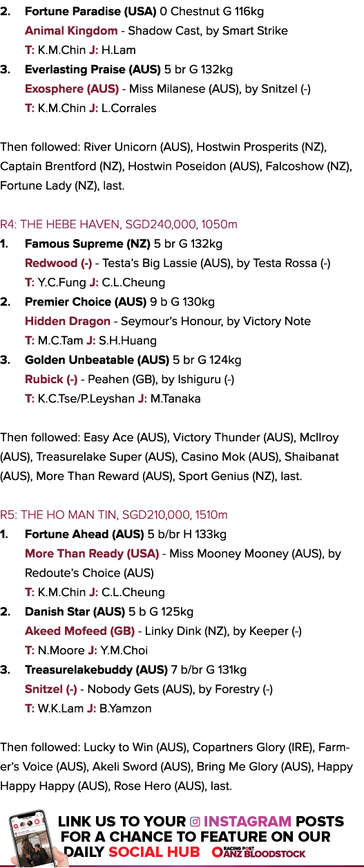 2. Fortune Paradise (USA) 0 Chestnut G 116kg Animal Kingdom - Shadow Cast, by Smart Strike T: K.M.Chin J: H.Lam 3. Ev...