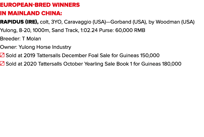 EUROPEAN-BRED WINNERS IN MAINLAND CHINA: Rapidus (IRE), colt, 3YO, Caravaggio (USA)—Gorband (USA), by Woodman (USA) Y...